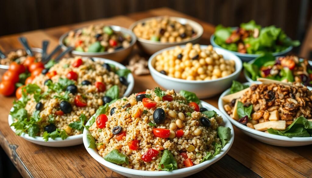 A neatly arranged spread of diverse make-ahead salads on a rustic wooden table. In the foreground, a fresh and colorful quinoa salad with roasted vegetables, garnished with herbs. Behind it, a creamy pasta salad with vibrant tomatoes and olives. In the middle, a hearty lentil and chickpea salad, seasoned with aromatic spices. In the background, a crisp green salad with assorted lettuces, topped with toasted nuts and dried fruit. The scene is illuminated by soft, natural lighting, creating a welcoming and appetizing atmosphere. The salads are presented in a visually striking and appetizing manner, showcasing their textures and flavors, ready to feed a crowd.