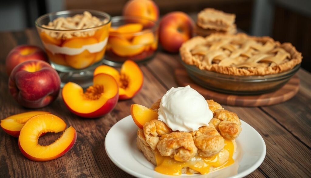 A neatly arranged table with a rustic wooden surface, showcasing an array of tempting peach desserts. In the foreground, a delectable peach cobbler with a golden-brown crust, surrounded by fresh peach slices and a scoop of creamy vanilla ice cream. In the middle ground, a layered peach trifle in a glass bowl, its vibrant colors and textures creating a visually appealing display. In the background, a peach pie with a lattice crust, sitting alongside a stack of peach-filled crumble bars, all illuminated by warm, soft lighting that casts a cozy, inviting atmosphere.