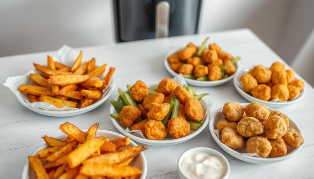 A neatly arranged table with a variety of crisp, golden-brown air fryer snacks, including savory potato wedges, crunchy vegetable chips, and bite-sized chicken nuggets. The lighting is soft and natural, highlighting the appetizing textures and colors of the dishes. The scene exudes a cozy, homemade atmosphere, inviting the viewer to grab a tasty treat. The focus is on the snacks, with a clean, minimalist background that allows the delicious-looking food to take center stage. A neatly arranged table with a variety of crisp, golden-brown air fryer snacks, including savory potato wedges, crunchy vegetable chips, and bite-sized chicken nuggets. The lighting is soft and natural, highlighting the appetizing textures and colors of the dishes. The scene exudes a cozy, homemade atmosphere, inviting the viewer to grab a tasty treat. The focus is on the snacks, with a clean, minimalist background that allows the delicious-looking food to take center stage.