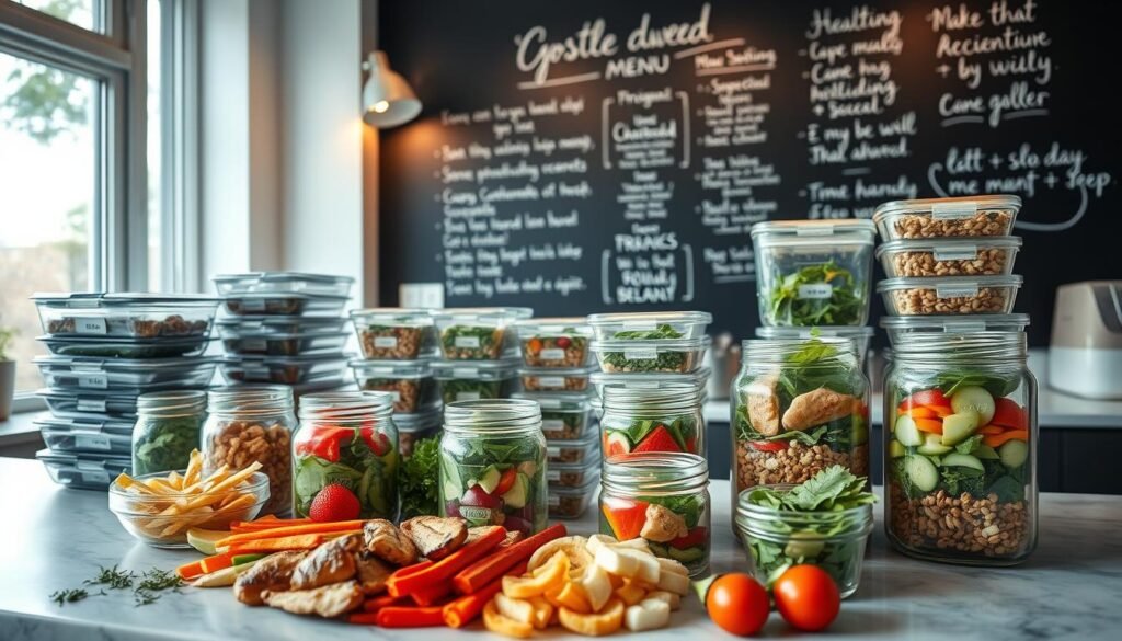 A neatly organized kitchen counter overflows with an array of healthy meal prep ingredients. In the foreground, freshly chopped vegetables, grilled chicken, and mason jars filled with colorful salads and grain bowls sit alongside sleek glass containers, conveying a sense of effortless nutrition. The midground features stacks of meal prep containers, each labeled with the day of the week, while the background showcases a large chalkboard wall adorned with a handwritten menu and inspirational quotes, casting a warm, minimalist glow. The scene is illuminated by soft, natural lighting that filters in through large windows, creating a tranquil, inviting atmosphere for strategic, make-ahead healthy eating.