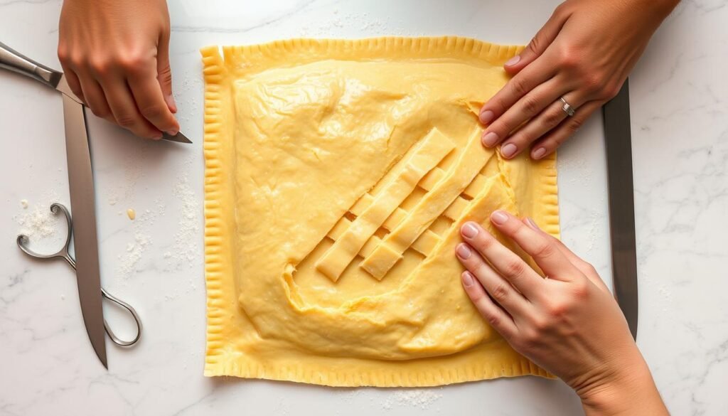 A neatly organized kitchen counter, the surface covered in a pristine white marble. Atop it, a flawless rectangle of golden-brown puff pastry, recently thawed and ready for expert handling. Nearby, a sharp chef's knife and a delicate lattice cutter, their metal surfaces gleaming under the soft, diffused lighting that fills the space. The pastry is gently unrolled, its layers glistening with a light brushing of egg wash. Skilled hands carefully shape the dough, creating intricate patterns and designs that will bake into a masterpiece of flaky, buttery perfection. The atmosphere is one of focused precision, where every technique and movement is executed with the confidence of a seasoned professional, ready to transform this humble store-bought item into a work of edible art. A neatly organized kitchen counter, the surface covered in a pristine white marble. Atop it, a flawless rectangle of golden-brown puff pastry, recently thawed and ready for expert handling. Nearby, a sharp chef's knife and a delicate lattice cutter, their metal surfaces gleaming under the soft, diffused lighting that fills the space. The pastry is gently unrolled, its layers glistening with a light brushing of egg wash. Skilled hands carefully shape the dough, creating intricate patterns and designs that will bake into a masterpiece of flaky, buttery perfection. The atmosphere is one of focused precision, where every technique and movement is executed with the confidence of a seasoned professional, ready to transform this humble store-bought item into a work of edible art.