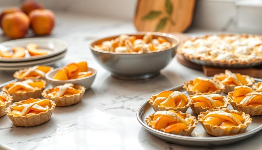 A neatly organized kitchen counter with an assortment of peach-based desserts arranged artfully. In the foreground, a tray of delicate peach tartlets with a lattice crust, their golden-hued fillings glistening. In the middle ground, a large bowl of peach cobbler, its crumbly topping dusted with powdered sugar. In the background, a peach pie with a flaky, buttery crust rests on a wooden board. Soft, diffused lighting from above casts a warm, inviting glow on the scene, highlighting the rich colors and textures of the peach desserts. The arrangement conveys a sense of effortless elegance and the comforting flavors of homemade peach treats.
