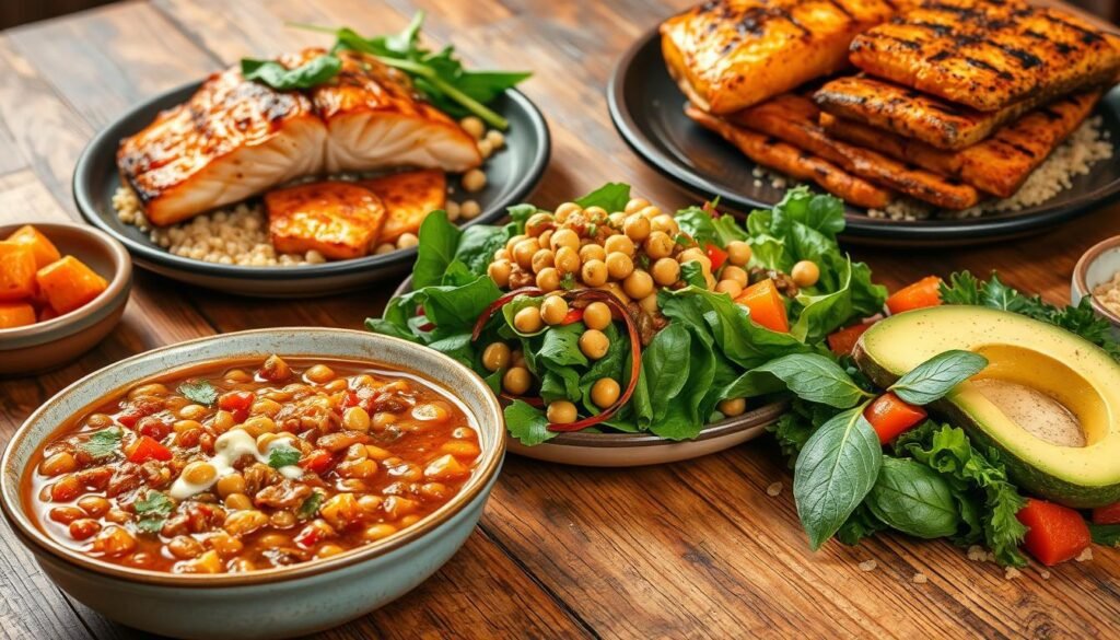 A nourishing array of protein-rich dishes, artfully arranged on a rustic wooden table. In the foreground, a hearty lentil stew simmers, its rich, earthy tones accented by vibrant sautéed vegetables. Nearby, a bountiful salad overflows with leafy greens, roasted chickpeas, and sliced avocado, drizzled with a creamy, tangy dressing. In the background, a stack of grilled salmon fillets, their crisp skin glistening under warm, diffused lighting, alongside a medley of roasted sweet potatoes and quinoa. The scene radiates a sense of balance, vitality, and culinary delights - a visual feast for the senses that celebrates the beauty and nutrition of wholesome, protein-packed meals. A nourishing array of protein-rich dishes, artfully arranged on a rustic wooden table. In the foreground, a hearty lentil stew simmers, its rich, earthy tones accented by vibrant sautéed vegetables. Nearby, a bountiful salad overflows with leafy greens, roasted chickpeas, and sliced avocado, drizzled with a creamy, tangy dressing. In the background, a stack of grilled salmon fillets, their crisp skin glistening under warm, diffused lighting, alongside a medley of roasted sweet potatoes and quinoa. The scene radiates a sense of balance, vitality, and culinary delights - a visual feast for the senses that celebrates the beauty and nutrition of wholesome, protein-packed meals.