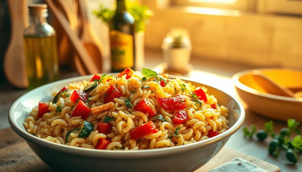 A nourishing one-pot Mediterranean orzo dish, bathed in warm golden light. In the foreground, a bowl of plump, tender orzo pasta, tossed with sautéed vegetables - vibrant red bell peppers, zucchini, and onions. Sprinkled throughout, fragrant herbs like oregano and basil. In the middle ground, a pair of wooden utensils, and a bottle of fruity olive oil. The background is a rustic, sun-dappled kitchen counter, with a small potted plant adding a touch of greenery. The scene exudes a homey, comforting atmosphere, perfect for a satisfying weeknight dinner.