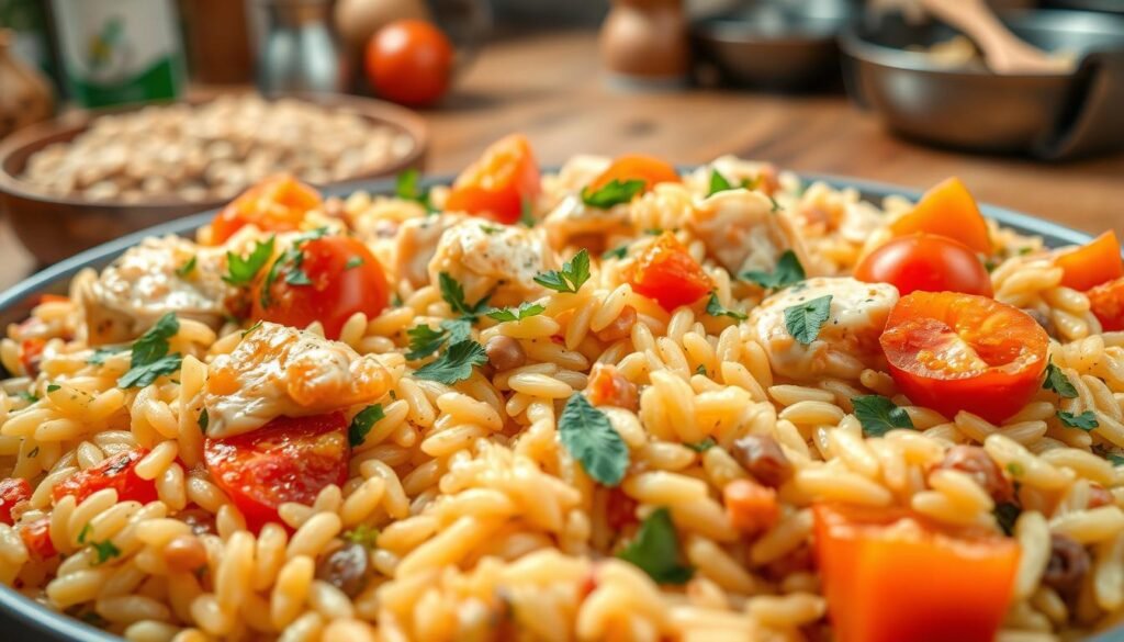 A nourishing one-pot orzo dish, overflowing with wholesome ingredients. In the foreground, steaming orzo pasta mingles with tender chicken, juicy tomatoes, and vibrant bell peppers. Garnished with fresh herbs, a creamy sauce envelops the protein-rich medley. In the middle ground, whole grains and legumes add heartiness, while the background features a warm, rustic kitchen setting, conveying the comforting, homemade essence of the meal. Soft, diffused lighting casts a cozy glow, capturing the satisfying, family-style atmosphere. Captured with a wide-angle lens, the composition emphasizes the abundance and richness of this protein-packed one-pot orzo delight.