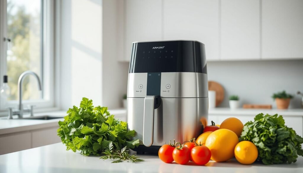 A pristine, minimalist kitchen counter, bathed in soft, natural light filtering in through a large window. At the center, a sleek, modern air fryer stands out, its brushed metal and tempered glass surfaces gleaming. Surrounding it, an array of fresh, vibrant produce - crisp leafy greens, ripe tomatoes, and zesty citrus fruits. The air is filled with the subtle aroma of herbs and spices, hinting at the healthy, flavorful meals to be prepared. The overall scene conveys a sense of wellness, efficiency, and the power of simple, wholesome ingredients elevated by the air fryer's innovative technology.