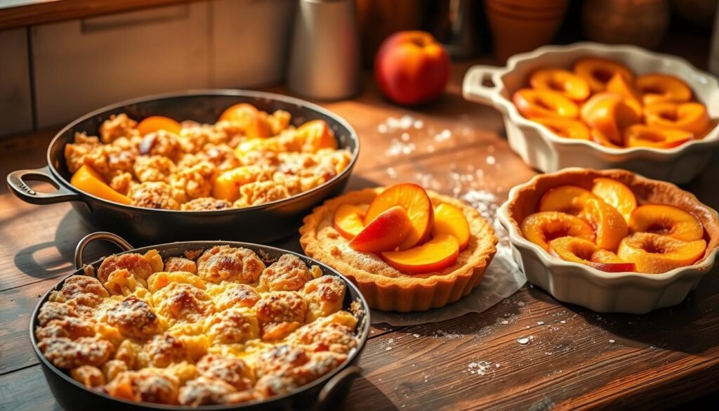 A rustic kitchen counter, bathed in warm, golden light, showcases a tempting array of one-pan peach desserts. In the foreground, a bubbling, caramelized peach cobbler, its flaky crust glistening, sits alongside a skillet of sizzling peach crumble, the sweet, juicy fruit peeking through a crumbly, buttery topping. In the middle ground, a delicate peach tart, its pastry shell a perfect golden-brown, is garnished with fresh peach slices and a dusting of powdered sugar. The background features a vintage-inspired baking dish filled with a peach upside-down cake, its moist, buttery layers crowned with caramelized peach halves. The overall scene exudes a cozy, homemade charm, beckoning the viewer to indulge in these easy, one-pan peach desserts.