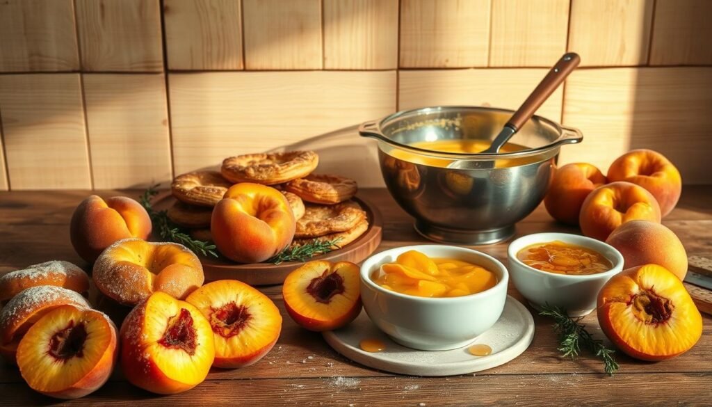 A rustic, well-lit kitchen scene with an array of fresh peach desserts and ingredients artfully arranged on a wooden table. In the foreground, a selection of ripe, juicy peach halves, some dusted with sugar, alongside a stack of flaky pastries and a spoonful of rich peach compote. In the middle ground, a mixing bowl filled with a creamy peach custard, flanked by sprigs of fragrant thyme and a drizzle of honey. In the background, a minimalist backdrop of weathered wood paneling, casting a warm, golden glow over the scene. The overall mood is one of culinary artistry and the comforting allure of homemade peach desserts.