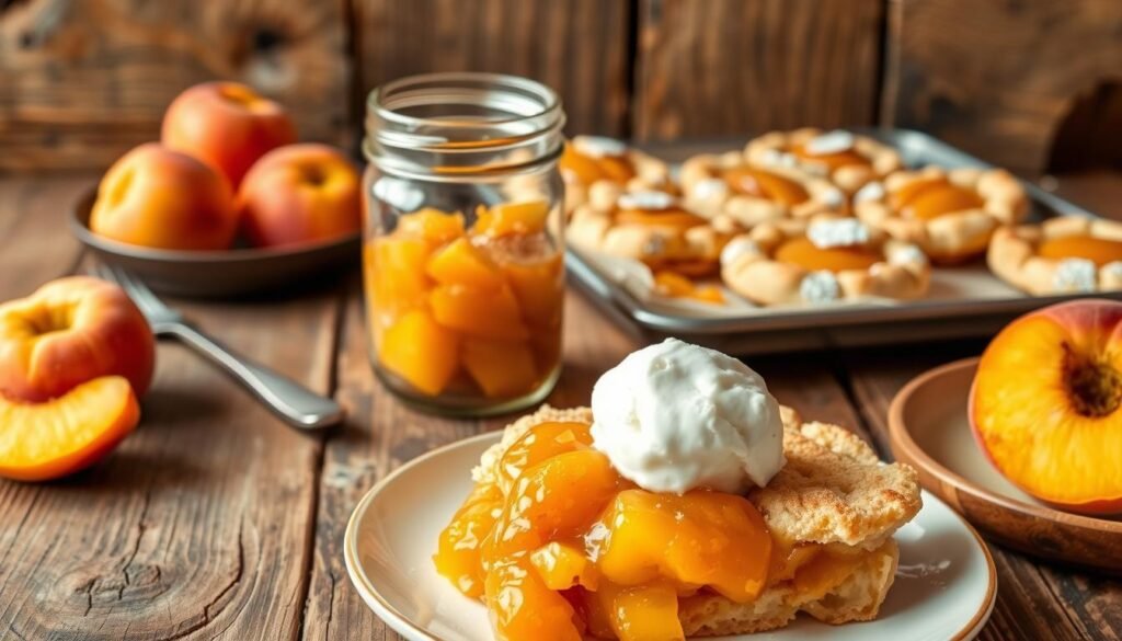 A rustic wooden table set with a selection of homemade peach desserts. In the foreground, a slice of peach cobbler with a golden, flaky crust and a scoop of vanilla ice cream. Beside it, a mason jar filled with a peach compote, its vibrant orange hue glistening under soft, natural lighting. In the middle ground, a tray of peach hand pies, their buttery pastry shells dusted with powdered sugar. The background features a weathered, barn-wood wall, adding a sense of earthy, country charm to the scene. The overall mood is warm, inviting, and celebrates the simple, comforting pleasures of classic peach desserts.