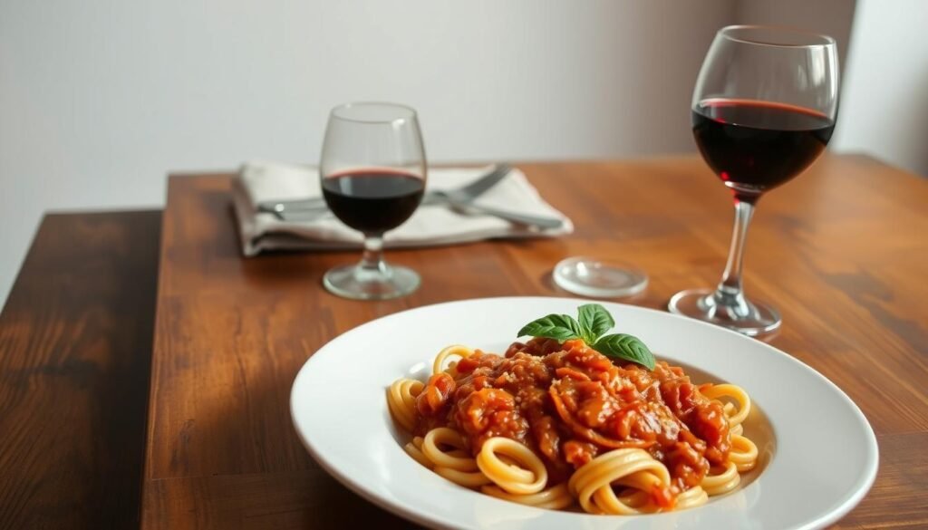 A simple yet appetizing dinner scene on a rustic wooden table. In the foreground, a plate showcases a hearty meal - perhaps a bowl of pasta with a light tomato sauce, garnished with fresh basil leaves. Beside it, a small glass of red wine casts a warm glow. In the middle ground, a casual place setting includes a linen napkin and simple silverware. The background features a plain white wall, allowing the focus to remain on the food. Soft, diffused lighting from an unseen source creates a cozy, inviting atmosphere, perfectly suited for a beginner-friendly, home-cooked dinner.