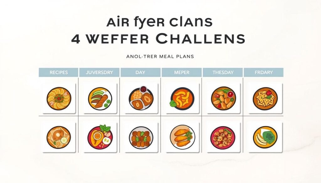 A sleek, minimalist design with a clean, organized layout. In the foreground, a neatly arranged grid of meal plan icons, each representing a different recipe for the 4-week challenge. The icons are stylized, using simple shapes and bold colors to convey the air fryer theme. In the middle ground, a soft, gradient background adds depth and a sense of refinement. The lighting is soft and diffused, creating a warm, inviting atmosphere. The camera angle is slightly elevated, giving the viewer a bird's-eye perspective and emphasizing the structured, methodical nature of the weekly meal plan. Overall, the image conveys a sense of productivity, confidence, and culinary expertise.