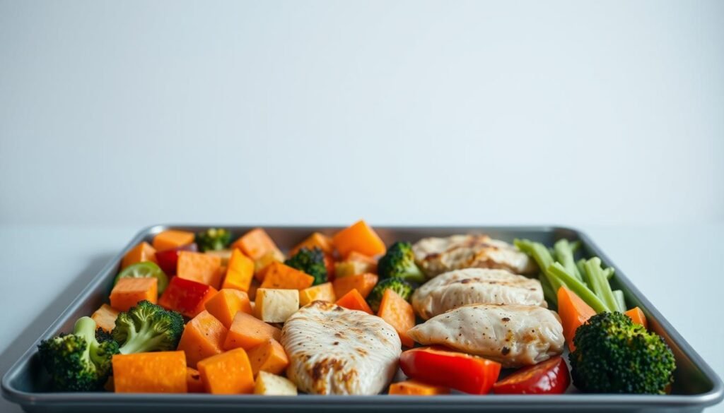 A sleek, minimalist sheet pan filled with an assortment of healthy, colorful ingredients. In the foreground, roasted vegetables like broccoli, sweet potatoes, and bell peppers are neatly arranged. The middle ground showcases lean protein sources like grilled chicken breasts or baked salmon fillets. In the background, a simple, monochromatic backdrop creates a clean, professional look. The lighting is soft and diffused, highlighting the natural textures and colors of the food. The overall composition conveys a sense of effortless, wholesome meal preparation, perfect for a busy weeknight or weekend meal prep session.