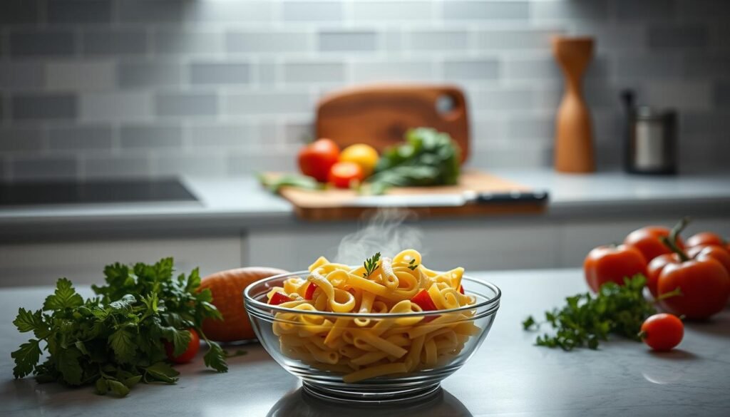 A sleek, modern kitchen countertop, bathed in soft, diffused natural lighting. In the foreground, a bowl of freshly cooked pasta, still steaming, sits alongside crisp, vibrant vegetables and a selection of aromatic herbs. The pasta glistens with a light coating of olive oil, hinting at the flavor and texture to come. In the middle ground, a chef's knife rests near a cutting board, suggesting the careful preparation that has gone into this dish. The background features a minimalist, monochromatic tiled backsplash, creating a clean, uncluttered aesthetic that allows the fresh, summery ingredients to take center stage. The overall mood is one of culinary mastery, where the simple pleasure of a well-crafted cold pasta salad is elevated to an art form.