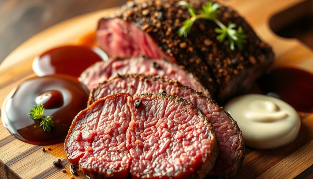 A stunning arrangement of succulent beef tenderloin, adorned with a vibrant array of sauces and seasonings. In the foreground, the tender meat glistens under the warm, golden lighting, its surface dusted with a harmonious blend of aromatic spices. Surrounding the tenderloin, an artful display of sauces in various hues - a rich, velvety demi-glace, a vibrant red wine reduction, and a creamy horseradish cream sauce, each beckoning to be drizzled and savored. In the background, a elegantly styled wooden board or platter provides a rustic, yet refined backdrop, complementing the sophisticated display. The overall scene exudes an air of culinary sophistication, inviting the viewer to imagine the mouthwatering flavors and textures of this exquisite beef tenderloin dish. A stunning arrangement of succulent beef tenderloin, adorned with a vibrant array of sauces and seasonings. In the foreground, the tender meat glistens under the warm, golden lighting, its surface dusted with a harmonious blend of aromatic spices. Surrounding the tenderloin, an artful display of sauces in various hues - a rich, velvety demi-glace, a vibrant red wine reduction, and a creamy horseradish cream sauce, each beckoning to be drizzled and savored. In the background, a elegantly styled wooden board or platter provides a rustic, yet refined backdrop, complementing the sophisticated display. The overall scene exudes an air of culinary sophistication, inviting the viewer to imagine the mouthwatering flavors and textures of this exquisite beef tenderloin dish.