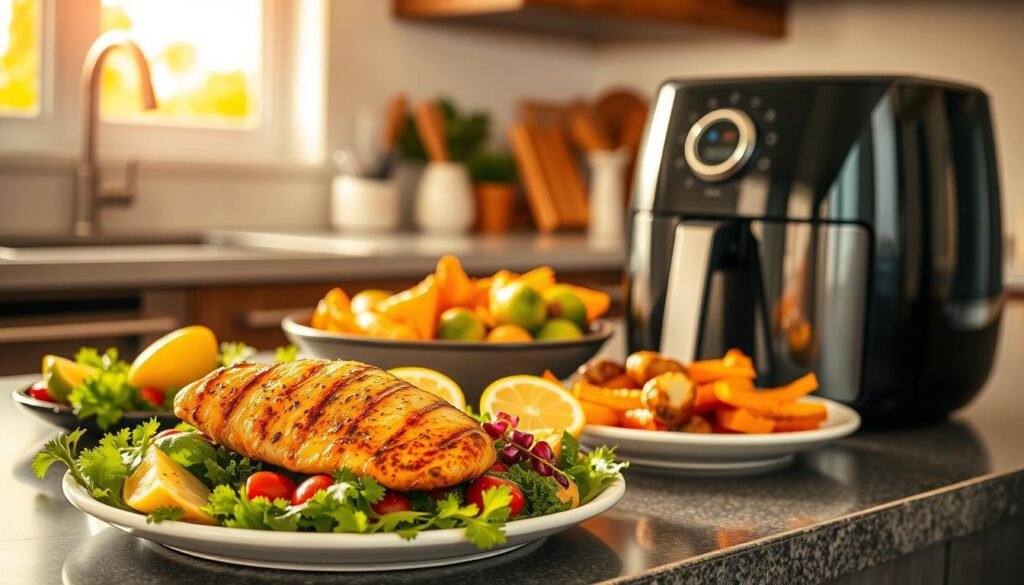 A stylish and inviting kitchen counter, bathed in warm, natural light, showcases an array of healthy air fryer dishes. In the foreground, a crisp, golden-brown chicken breast sits alongside a vibrant salad, complemented by a selection of fresh herbs and lemon wedges. In the middle ground, various air-fried vegetables, such as brussels sprouts and sweet potato fries, are arranged artfully, their textures and colors creating a visually appealing spread. The background features a sleek, modern air fryer, its shiny exterior gleaming, symbolizing the power and convenience of this transformative kitchen appliance. The overall scene exudes a sense of wellness, vitality, and the promise of delicious, nutritious meals that will change your life forever.