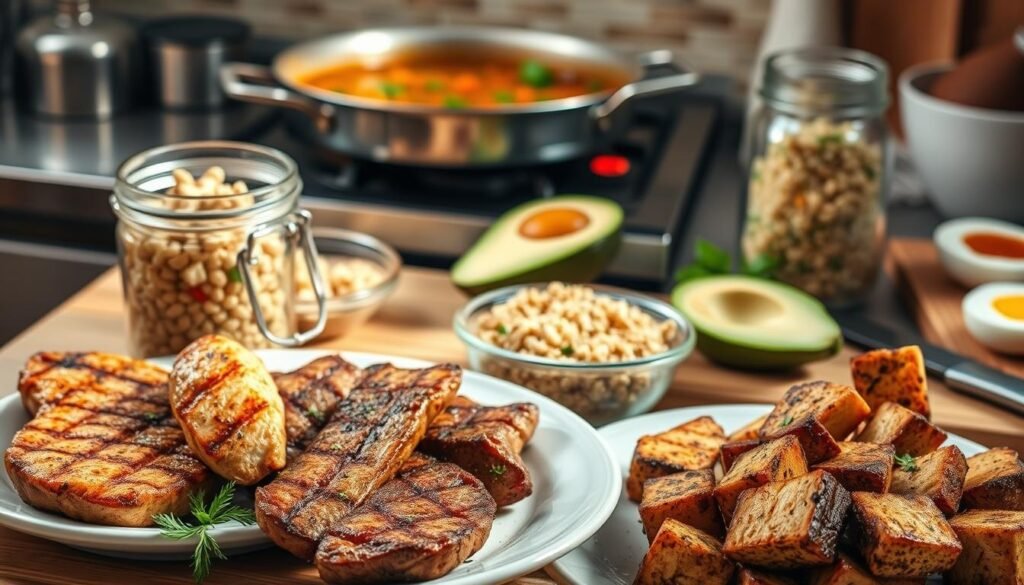 A stylish arrangement of diverse protein-rich dishes in a warm, cozy kitchen setting. In the foreground, a plate showcases juicy grilled chicken breasts, tender seared steak strips, and crispy baked tofu cubes. The middle ground features a hearty lentil and vegetable stew simmering on the stovetop, with fresh herbs and garlic accents. In the background, a glass jar contains protein-packed quinoa salad, while a cutting board displays sliced avocado and hard-boiled eggs. The scene is bathed in soft, natural lighting, conveying a sense of wholesome, effortless nourishment.