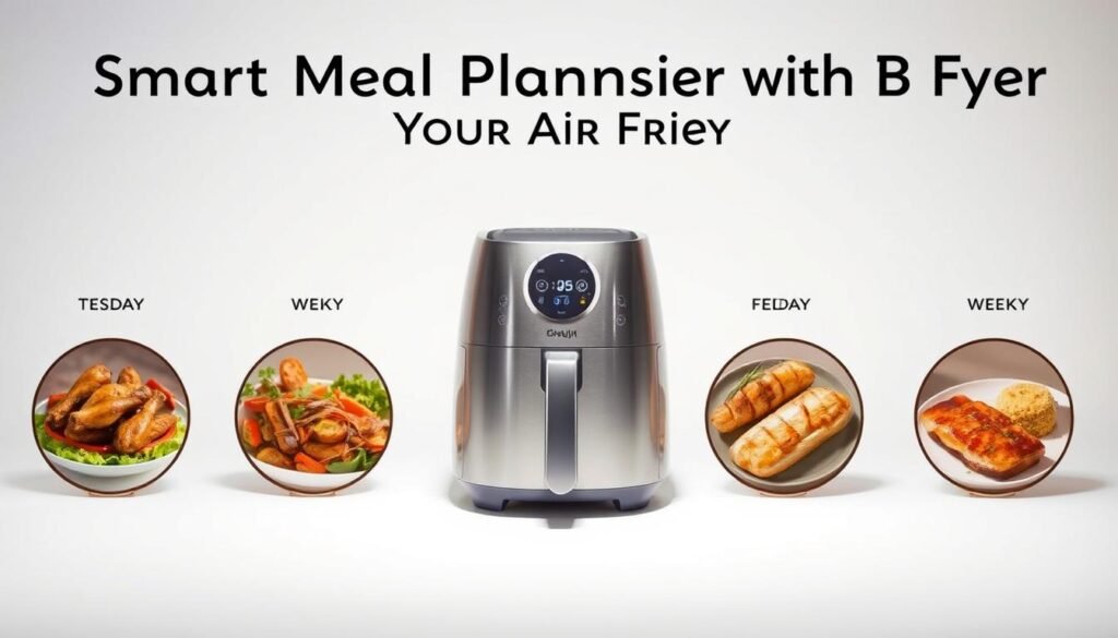 A stylish, minimalist illustration showcasing a 7-day air fryer dinner menu plan. In the foreground, a sleek stainless steel air fryer stands prominently, casting a warm glow. Surrounding it are seven circular icons, each representing a day of the week and a corresponding air-fried dish, such as crispy chicken wings, roasted vegetables, and golden-brown fish fillets. The middle ground features a clean, white background, allowing the key elements to take center stage. In the background, a soft gradient adds depth and a sense of sophistication. The lighting is natural and slightly directional, creating subtle shadows that enhance the three-dimensional feel. The overall mood is one of organization, efficiency, and culinary inspiration, reflecting the "Smart Meal Planning with Your Air Fryer" section title.