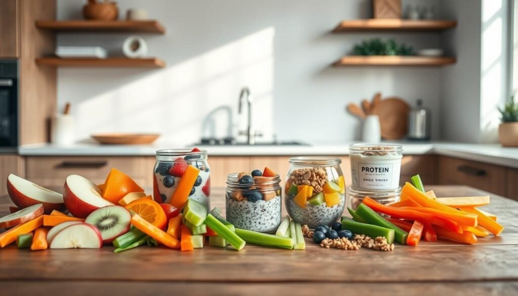 A stylish wooden table showcases an assortment of healthy meal-prep snacks. In the foreground, neatly arranged are colorful slices of fresh fruits like apples, oranges, and kiwis, alongside crunchy vegetable sticks of carrots, celery, and bell peppers. In the middle ground, small glass jars contain overnight oats with berries, chia pudding, and protein-packed Greek yogurt with granola. The background features a clean, minimalist kitchen backdrop with natural lighting streaming in, creating a bright and inviting atmosphere. The overall composition exudes a sense of wellness, organization, and effortless nutrition.