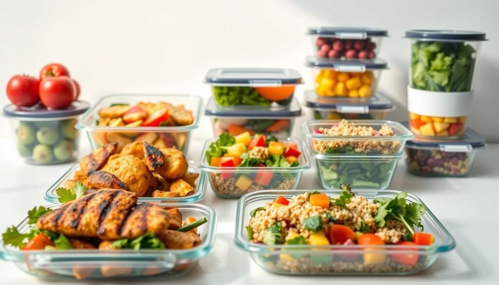 A stylishly arranged, well-balanced meal prep display set against a clean, minimalist background. In the foreground, a selection of vibrant, freshly prepared dishes - grilled chicken, roasted vegetables, quinoa salad, and a variety of colorful fruits and greens. The lighting is soft and natural, highlighting the textures and colors of the ingredients. The middle ground features various meal prep containers, neatly organized and ready for storage. In the background, a plain white wall or surface creates a serene, uncluttered atmosphere, emphasizing the focus on the delicious, wholesome meal components. The overall scene conveys a sense of simplicity, efficiency, and a commitment to healthy, effortless eating.