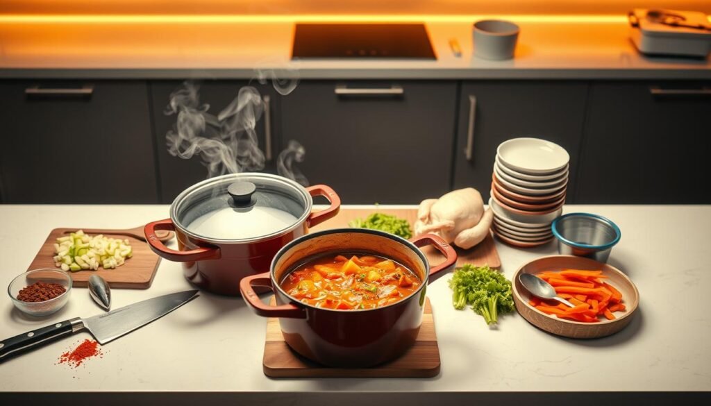 A stylized, top-down view of a kitchen counter showcasing various one-pot cooking techniques. In the foreground, a large dutch oven simmers with a hearty stew, steam gently rising. Surrounding it, an assortment of essential tools - a sharp chef's knife, a wooden spoon, a ladle, and a small bowl of spices. In the middle ground, a cutting board with diced vegetables, a whole chicken, and a stack of sturdy, enameled bowls. The background features a sleek, modern kitchen with minimalist cabinetry and warm, indirect lighting that casts a soft, natural glow over the scene. The overall mood is one of focused, efficient cooking, emphasizing the simplicity and convenience of one-pot meal preparation.