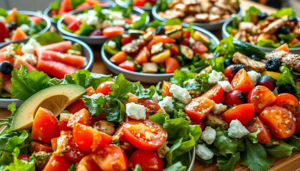 A sumptuous array of gourmet summer salads, brimming with vibrant colors and fresh flavors. In the foreground, a bountiful salad showcases ripe tomatoes, crisp greens, and succulent slices of avocado, drizzled with a tantalizing citrus vinaigrette. In the middle ground, a medley of grilled vegetables - zucchini, bell peppers, and juicy heirloom tomatoes - are tossed with crumbled feta and fragrant herbs. The background features a selection of other tempting salads, such as a refreshing watermelon and feta salad, a vibrant quinoa and kale salad, and a hearty grilled chicken and mixed berry salad. The lighting is soft and natural, casting a warm glow over the scene, while the angle captures the depth and variety of these exceptional summer salads. A sumptuous array of gourmet summer salads, brimming with vibrant colors and fresh flavors. In the foreground, a bountiful salad showcases ripe tomatoes, crisp greens, and succulent slices of avocado, drizzled with a tantalizing citrus vinaigrette. In the middle ground, a medley of grilled vegetables - zucchini, bell peppers, and juicy heirloom tomatoes - are tossed with crumbled feta and fragrant herbs. The background features a selection of other tempting salads, such as a refreshing watermelon and feta salad, a vibrant quinoa and kale salad, and a hearty grilled chicken and mixed berry salad. The lighting is soft and natural, casting a warm glow over the scene, while the angle captures the depth and variety of these exceptional summer salads.