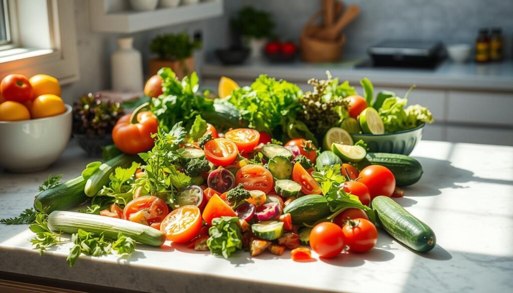 A sun-dappled kitchen counter, adorned with a bounty of fresh produce - crisp greens, vibrant tomatoes, crunchy cucumbers, and a medley of colorful, nutrient-rich ingredients. Arrange them artfully, creating a visually stunning summer salad that invites the senses. Overhead, a soft, diffused light illuminates the scene, casting gentle shadows and highlighting the natural textures. The composition is balanced, with a sense of movement and dynamism, drawing the viewer in to explore the possibilities of crafting their own award-worthy salad creations. The mood is one of culinary inspiration, creativity, and the celebration of the season's bountiful harvest. A sun-dappled kitchen counter, adorned with a bounty of fresh produce - crisp greens, vibrant tomatoes, crunchy cucumbers, and a medley of colorful, nutrient-rich ingredients. Arrange them artfully, creating a visually stunning summer salad that invites the senses. Overhead, a soft, diffused light illuminates the scene, casting gentle shadows and highlighting the natural textures. The composition is balanced, with a sense of movement and dynamism, drawing the viewer in to explore the possibilities of crafting their own award-worthy salad creations. The mood is one of culinary inspiration, creativity, and the celebration of the season's bountiful harvest.