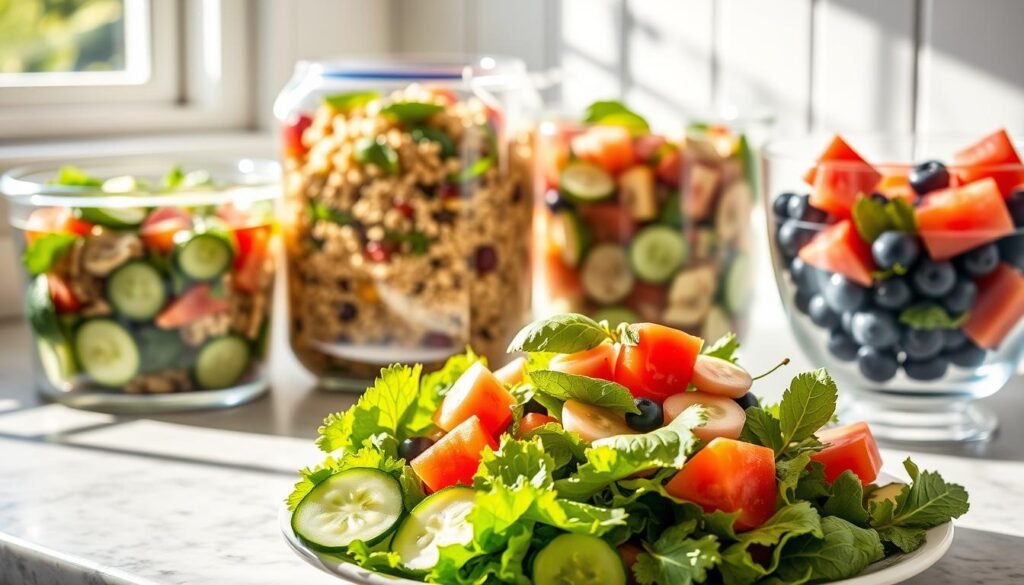 A sun-dappled kitchen counter, adorned with an array of vibrant summer salads. In the foreground, a crisp green salad with sliced cucumbers, cherry tomatoes, and a tangy vinaigrette, ready to be assembled ahead of time. Behind it, a colorful quinoa salad with roasted vegetables, garlic, and fresh herbs, packed in a stylish glass container. In the background, a refreshing fruit salad with juicy watermelon, blueberries, and mint leaves, chilled and waiting to be served. Soft, natural lighting casts a warm glow, conveying the effortless ease of these make-ahead summer salad champions.