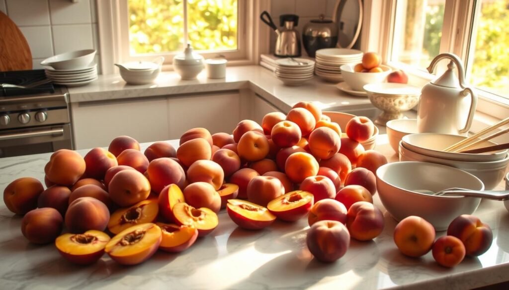 A sun-dappled kitchen counter, bathed in warm, golden light. On the surface, a bountiful assortment of fresh, ripe peaches in various stages of preparation - halved, sliced, and ready for quick, delectable desserts. Nearby, a collection of simple yet elegant serving dishes, bowls, and utensils, hinting at the effortless, yet indulgent recipes to come. The arrangement evokes a sense of ease and abundance, inviting the viewer to imagine the luscious, vibrant flavors and textures of these quick, irresistible peach-based treats.