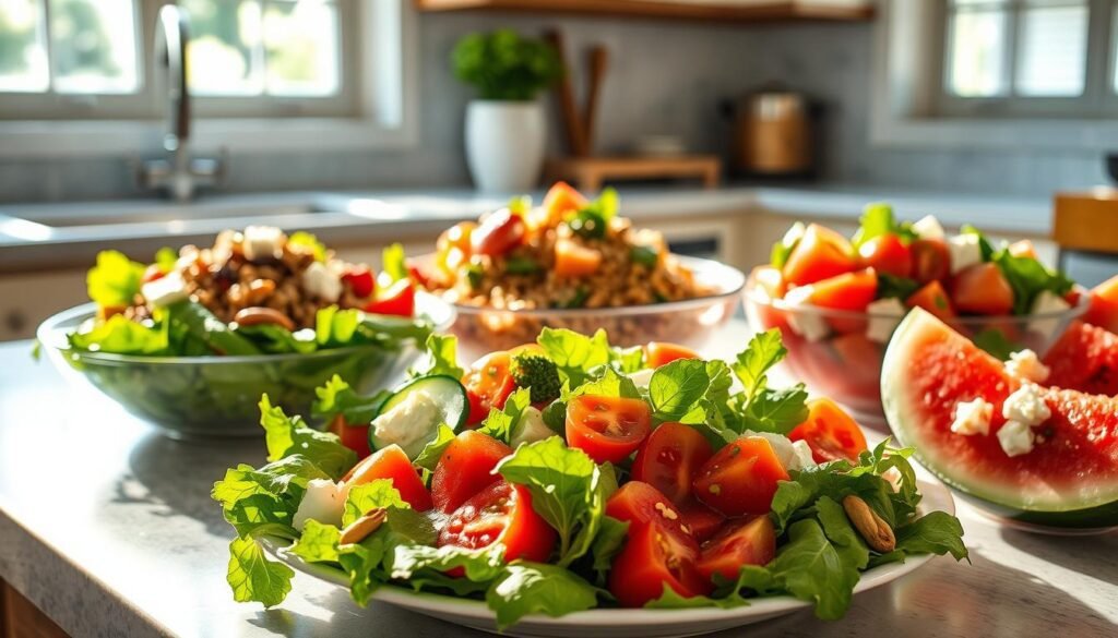 A sun-dappled kitchen counter showcases a vibrant spread of summer dinner salads. In the foreground, a crisp green salad with juicy cherry tomatoes, sliced cucumber, and a tangy vinaigrette dressing. Behind it, a hearty quinoa salad with roasted vegetables, feta, and toasted pine nuts. On the side, a refreshing watermelon and feta salad, the juices glistening. Soft natural light filters in through large windows, casting a warm glow on the fresh, healthy fare. The arrangement evokes the laidback, nourishing charm of a summer evening meal, a perfect antidote to the heat. A sun-dappled kitchen counter showcases a vibrant spread of summer dinner salads. In the foreground, a crisp green salad with juicy cherry tomatoes, sliced cucumber, and a tangy vinaigrette dressing. Behind it, a hearty quinoa salad with roasted vegetables, feta, and toasted pine nuts. On the side, a refreshing watermelon and feta salad, the juices glistening. Soft natural light filters in through large windows, casting a warm glow on the fresh, healthy fare. The arrangement evokes the laidback, nourishing charm of a summer evening meal, a perfect antidote to the heat.