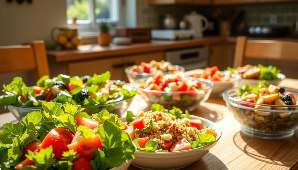 A sun-dappled kitchen table, set with a vibrant array of summer salads. In the foreground, a crisp green salad with fresh tomatoes, cucumbers, and a light vinaigrette. Behind it, a hearty grain-based salad, bursting with colorful veggies and a creamy dressing. In the middle, a refreshing fruit salad, with juicy slices of watermelon, peaches, and berries. The background features a few simple, yet satisfying protein-rich dishes, like grilled chicken or roasted salmon, complementing the salads. The scene is bathed in warm, golden light, creating a relaxed, al fresco atmosphere. The overall mood is one of nourishing, balanced, and effortless summer dining. A sun-dappled kitchen table, set with a vibrant array of summer salads. In the foreground, a crisp green salad with fresh tomatoes, cucumbers, and a light vinaigrette. Behind it, a hearty grain-based salad, bursting with colorful veggies and a creamy dressing. In the middle, a refreshing fruit salad, with juicy slices of watermelon, peaches, and berries. The background features a few simple, yet satisfying protein-rich dishes, like grilled chicken or roasted salmon, complementing the salads. The scene is bathed in warm, golden light, creating a relaxed, al fresco atmosphere. The overall mood is one of nourishing, balanced, and effortless summer dining.