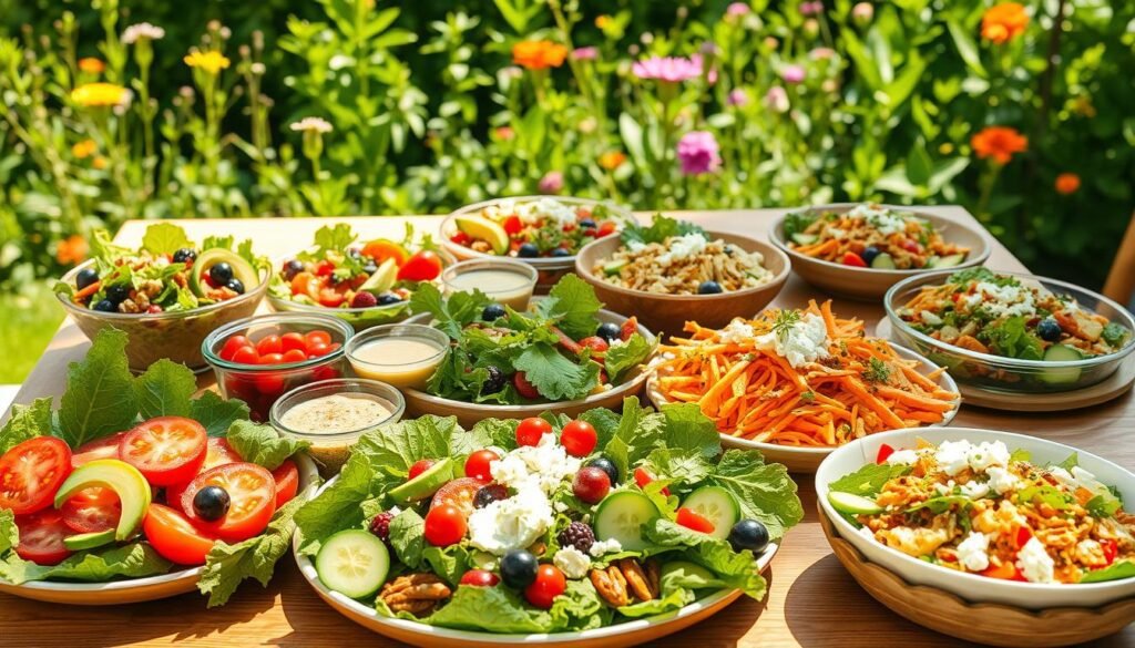 A sun-dappled outdoor scene, a wooden table laden with a bounty of summer salads. In the foreground, vibrant, crunchy vegetables - leafy greens, juicy tomatoes, crisp cucumber slices, and shredded carrots. Interspersed are colorful accents - sliced avocado, bright berries, and toasted nuts. The middle ground showcases a variety of dressings and toppings, from creamy garlic-herb to tangy vinaigrette, sprinkled with crumbled feta and fresh herbs. In the background, a lush, verdant garden backdrop, with the warm glow of the summer sun filtering through. The overall mood is one of freshness, vibrancy, and satisfaction - a delightful, nourishing summer feast. A sun-dappled outdoor scene, a wooden table laden with a bounty of summer salads. In the foreground, vibrant, crunchy vegetables - leafy greens, juicy tomatoes, crisp cucumber slices, and shredded carrots. Interspersed are colorful accents - sliced avocado, bright berries, and toasted nuts. The middle ground showcases a variety of dressings and toppings, from creamy garlic-herb to tangy vinaigrette, sprinkled with crumbled feta and fresh herbs. In the background, a lush, verdant garden backdrop, with the warm glow of the summer sun filtering through. The overall mood is one of freshness, vibrancy, and satisfaction - a delightful, nourishing summer feast.