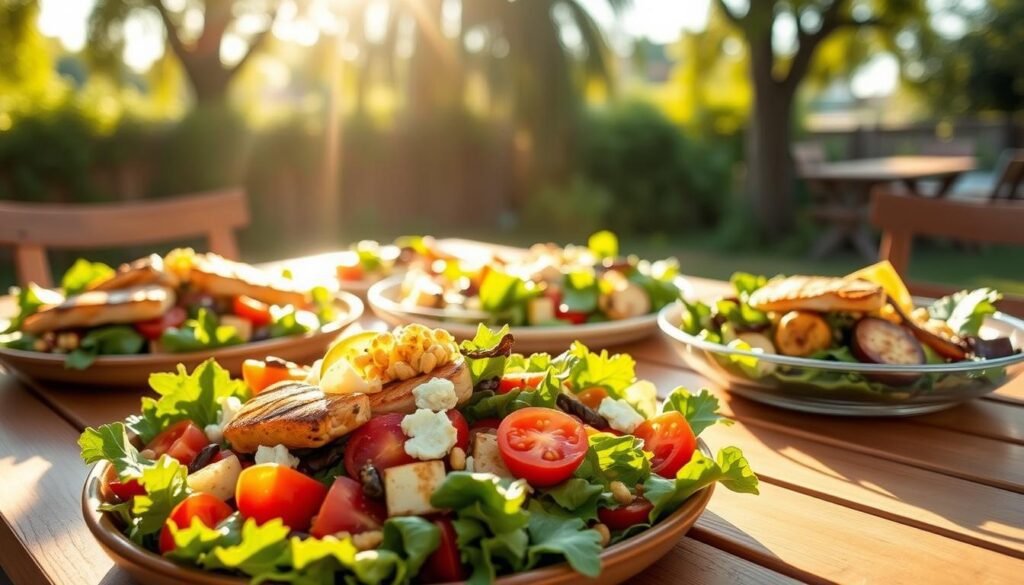 A sun-dappled outdoor scene, a wooden table set with a vibrant array of grilled summer salads. In the foreground, a tossed salad of mixed greens, juicy tomatoes, and charred chicken or salmon fillets, drizzled with a tangy lemon vinaigrette. In the middle ground, a colorful quinoa salad with roasted vegetables, feta, and toasted pine nuts. In the background, a crisp Caesar salad with grilled romaine hearts, shaved Parmesan, and crispy croutons. Warm, diffused lighting casts a golden glow, and a light summer breeze rustles the nearby trees. The overall mood is fresh, healthy, and perfectly suited for a summer dinner al fresco. A sun-dappled outdoor scene, a wooden table set with a vibrant array of grilled summer salads. In the foreground, a tossed salad of mixed greens, juicy tomatoes, and charred chicken or salmon fillets, drizzled with a tangy lemon vinaigrette. In the middle ground, a colorful quinoa salad with roasted vegetables, feta, and toasted pine nuts. In the background, a crisp Caesar salad with grilled romaine hearts, shaved Parmesan, and crispy croutons. Warm, diffused lighting casts a golden glow, and a light summer breeze rustles the nearby trees. The overall mood is fresh, healthy, and perfectly suited for a summer dinner al fresco.