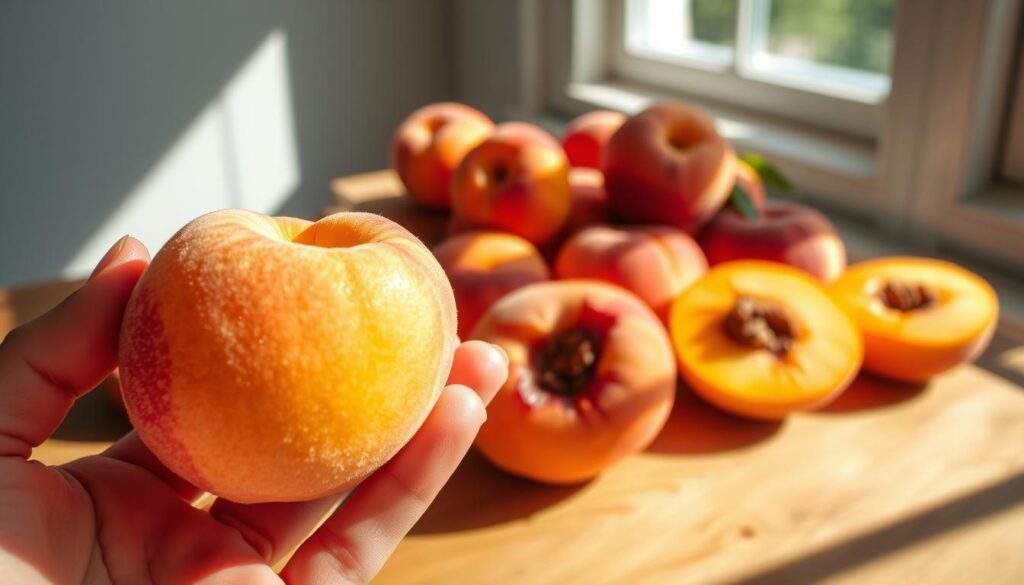 A sun-dappled, wooden table showcases a bountiful selection of fresh, ripe peaches. In the foreground, two peaches are held in a delicate hand, their soft fuzz and vibrant hues illuminated by natural light filtering through a nearby window. The middle ground features a mix of whole and halved peaches, each one a study in perfect texture and color gradation, from deep orange to blushing pink. The background is softly blurred, drawing the viewer's gaze to the captivating details of the peaches. The scene is captured with a shallow depth of field, creating a sense of intimacy and focus on the star of the composition - the flawlessly ripe, luscious peaches.