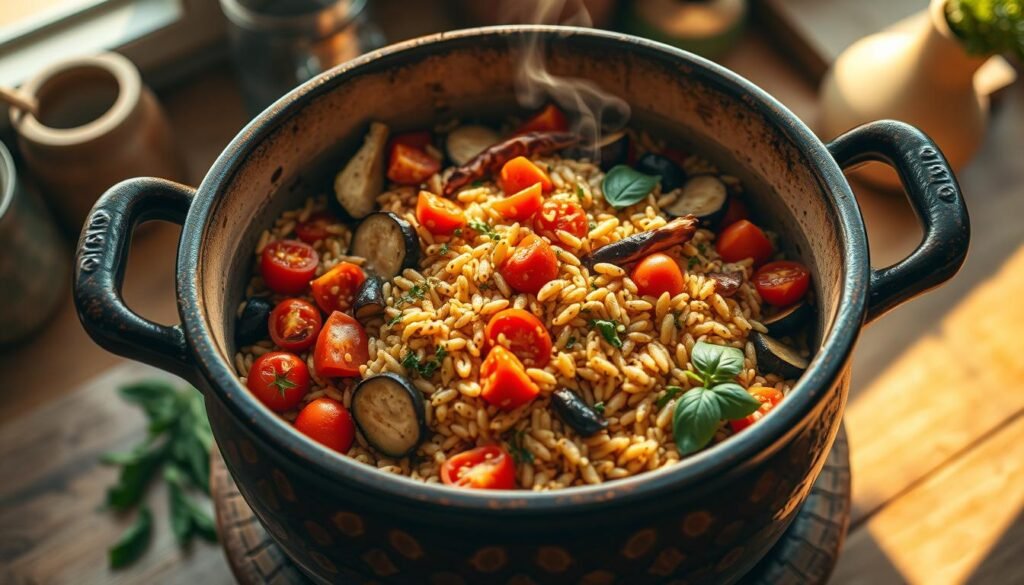 A sun-drenched Mediterranean kitchen, a large, rustic ceramic pot takes center stage. Within, a vibrant medley of orzo pasta, roasted vegetables, and fragrant herbs simmer gently, filling the air with tantalizing aromas. Sliced zucchini, juicy tomatoes, and tender eggplant mingle with the nutty orzo, while a drizzle of olive oil and a sprinkle of fresh basil leaves add the final touches. The lighting is soft and warm, casting a golden glow over the scene, evoking the relaxed and convivial spirit of Mediterranean cuisine. The camera angle is slightly elevated, providing a tantalizing bird's-eye view of this one-pot wonder, ready to be savored and shared.