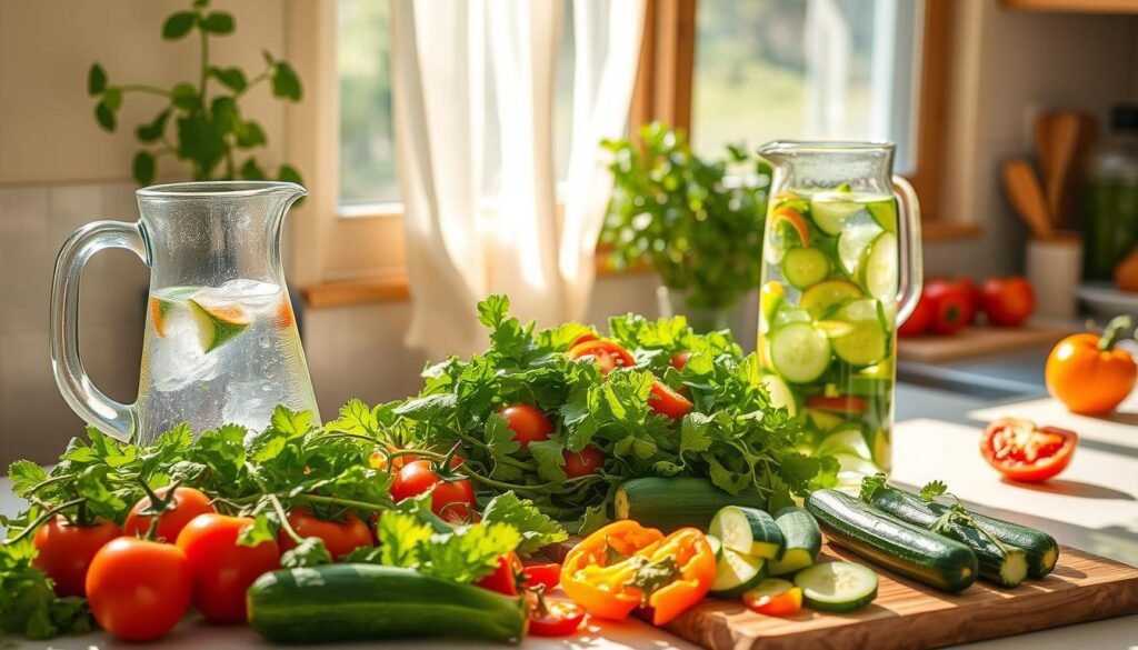 A sun-drenched kitchen counter, adorned with fresh summer produce. Crisp leafy greens, juicy tomatoes, and vibrant herbs spill forth, inviting a tactile exploration of no-cook salad assembly. Dappled light filters through sheer curtains, casting a warm, relaxed glow. A pitcher of chilled, fruit-infused water stands ready, its condensation glistening. Nearby, a cutting board displays an array of vibrant, uncooked ingredients - zucchini, cucumber, bell peppers - waiting to be transformed into a nourishing, flavor-packed salad. The scene evokes a sense of ease and mindfulness, capturing the spirit of summer cooking without the heat and hassle.