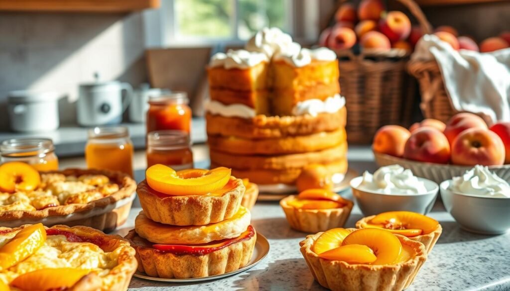 A sun-drenched kitchen counter showcases an array of homemade peach desserts. In the foreground, a rustic peach cobbler with a golden, flaky crust sits alongside a stack of delicate peach tarts, their buttery pastry shells filled with vibrant, juicy peach slices. In the middle ground, a towering peach cake with a lush cream cheese frosting takes center stage, surrounded by bowls of fresh peach compote and whipped cream. In the background, jars of peach preserves and a basket of ripe, fragrant peaches lend an inviting, artisanal touch. The scene is bathed in warm, soft lighting, conveying a sense of comfort, indulgence, and the bounty of summer.