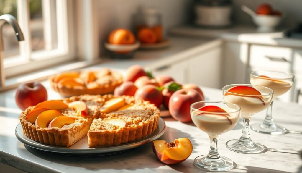 A sun-drenched kitchen counter with an array of fresh peach desserts, including a peach tart with a buttery crust, peach cobbler with a golden crumble topping, and individual no-bake peach cheesecakes in elegant dessert glasses. Soft natural lighting casts a warm glow, highlighting the luscious peach slices and vibrant colors. The scene conveys a sense of effortless summer indulgence, inviting the viewer to savor the flavors of the season. A sun-drenched kitchen counter with an array of fresh peach desserts, including a peach tart with a buttery crust, peach cobbler with a golden crumble topping, and individual no-bake peach cheesecakes in elegant dessert glasses. Soft natural lighting casts a warm glow, highlighting the luscious peach slices and vibrant colors. The scene conveys a sense of effortless summer indulgence, inviting the viewer to savor the flavors of the season.