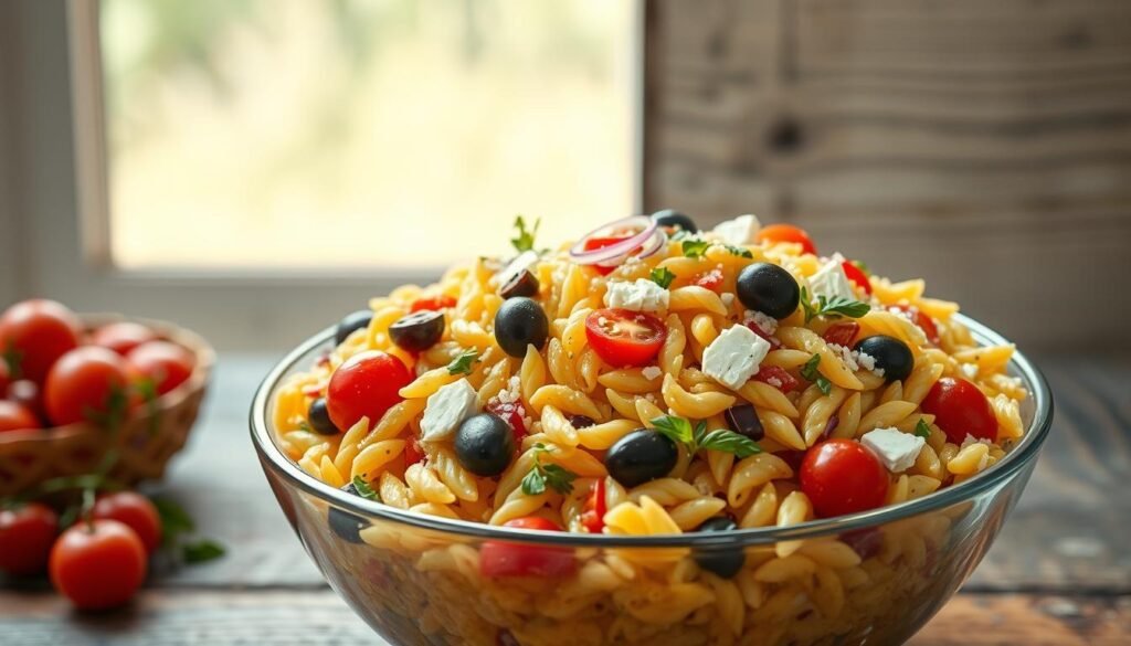 A vibrant Greek orzo pasta salad set against a crisp, light-filled backdrop. In the foreground, a large serving bowl overflows with plump, al dente orzo tossed in a tangy, lemony vinaigrette. Colorful, fresh ingredients like cherry tomatoes, kalamata olives, crumbled feta, and slivers of red onion are artfully arranged, creating a visually striking composition. The middle ground features a wooden table or rustic surface, its weathered texture providing natural contrast. Soft, diffused sunlight filters in, casting a warm, summery glow and enhancing the salad's vibrant hues. The overall mood is one of simple, Mediterranean-inspired elegance - a timeless, temperature-stable pasta salad perfect for alfresco dining.