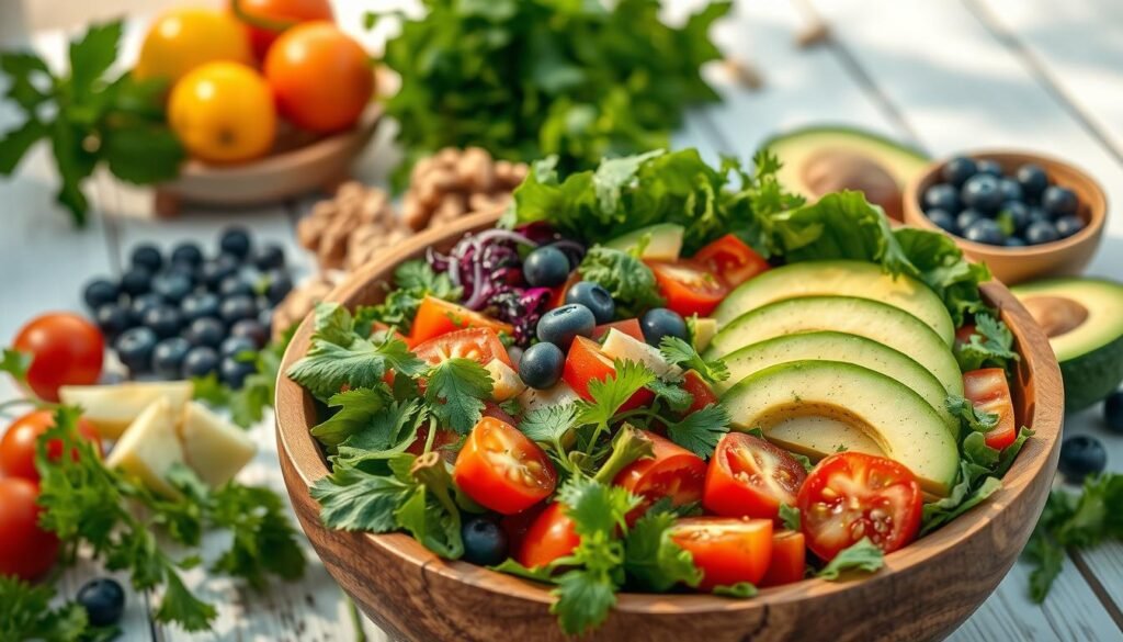 A vibrant and fresh summer salad display, featuring an array of anti-inflammatory ingredients. In the foreground, a wooden salad bowl overflows with a colorful mix of leafy greens, juicy tomatoes, crunchy cucumbers, and creamy avocado slices. Sprinkled throughout are vibrant pops of color from vibrant herbs, such as fresh basil, parsley, and cilantro. The middle ground showcases a variety of superfoods, including blueberries, walnuts, and a drizzle of olive oil. The background features a minimalist, white-washed wooden table, with natural lighting casting a warm, golden glow across the scene. The overall mood is one of health, vitality, and the nourishing abundance of summer.