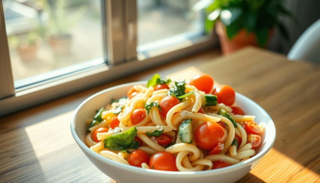 A vibrant and inviting scene of an easy summer pasta salad, arranged in a simple white bowl on a wooden table. The pasta is cooked al dente, tossed with crisp, colorful vegetables like cherry tomatoes, cucumber, bell peppers, and fresh herbs. The dressing is light and creamy, adding a touch of tangy flavor. Sunlight filters through a nearby window, casting a warm, golden glow over the dish. The composition is balanced, with the pasta and ingredients arranged in an aesthetically pleasing manner. The overall mood is one of freshness, simplicity, and the essence of a delightful summer meal.