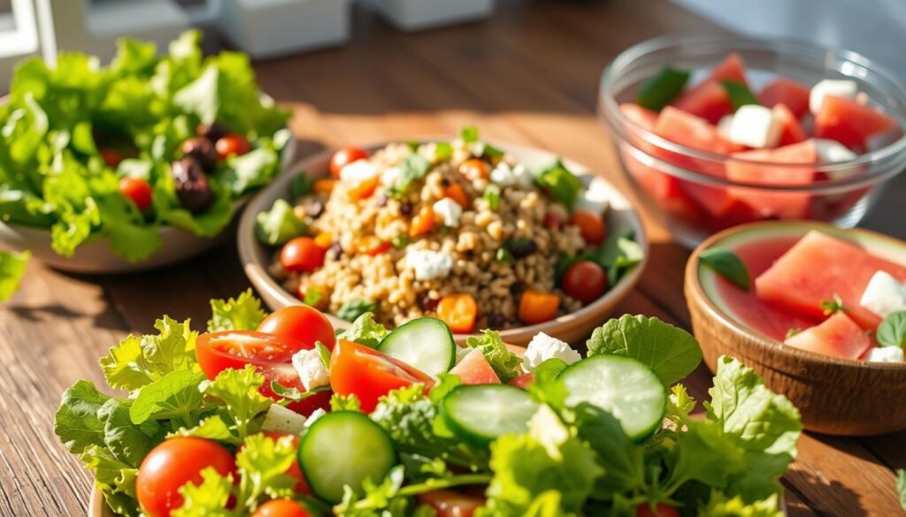 A vibrant arrangement of fresh, summer salads on a rustic wooden table, bathed in warm, natural light. In the foreground, a crisp green salad with juicy cherry tomatoes, crunchy cucumbers, and a light vinaigrette dressing. In the middle, a colorful quinoa salad with roasted vegetables, herbs, and a sprinkle of feta. In the background, a refreshing watermelon and feta salad, the juices glistening. The scene exudes a sense of simplicity, freshness, and effortless summer elegance, perfectly capturing the essence of "5-Minute Fresh and Simple Salads".