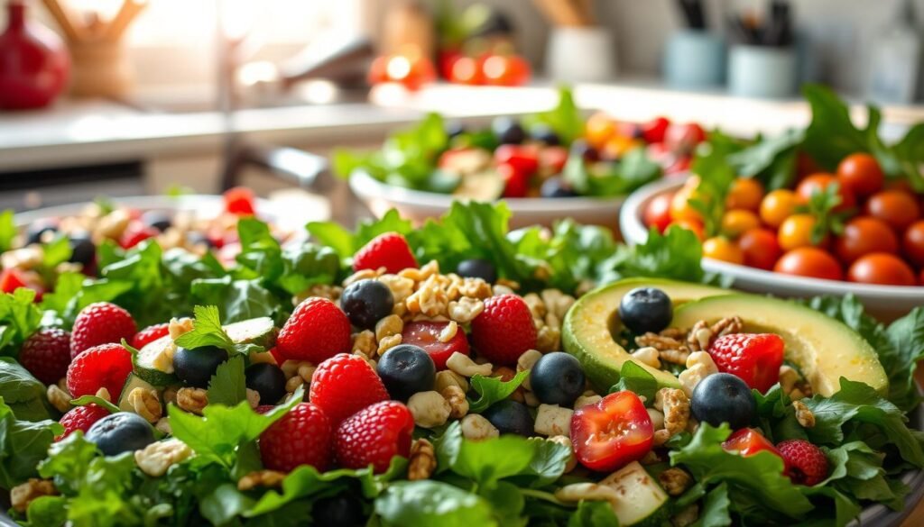 A vibrant array of fresh summer salads overflowing with antioxidant-rich ingredients. In the foreground, a lush medley of leafy greens, juicy berries, crunchy nuts, and creamy avocado, dressed in a tangy vinaigrette. In the middle ground, roasted beets, grilled zucchini, and colorful cherry tomatoes add depth and texture. The background features a sun-dappled kitchen counter, with natural lighting casting a warm glow over the scene. The overall mood is one of nourishment and vitality, capturing the essence of an "Antioxidant-Rich Summer Powerhouse" salad. A vibrant array of fresh summer salads overflowing with antioxidant-rich ingredients. In the foreground, a lush medley of leafy greens, juicy berries, crunchy nuts, and creamy avocado, dressed in a tangy vinaigrette. In the middle ground, roasted beets, grilled zucchini, and colorful cherry tomatoes add depth and texture. The background features a sun-dappled kitchen counter, with natural lighting casting a warm glow over the scene. The overall mood is one of nourishment and vitality, capturing the essence of an "Antioxidant-Rich Summer Powerhouse" salad.