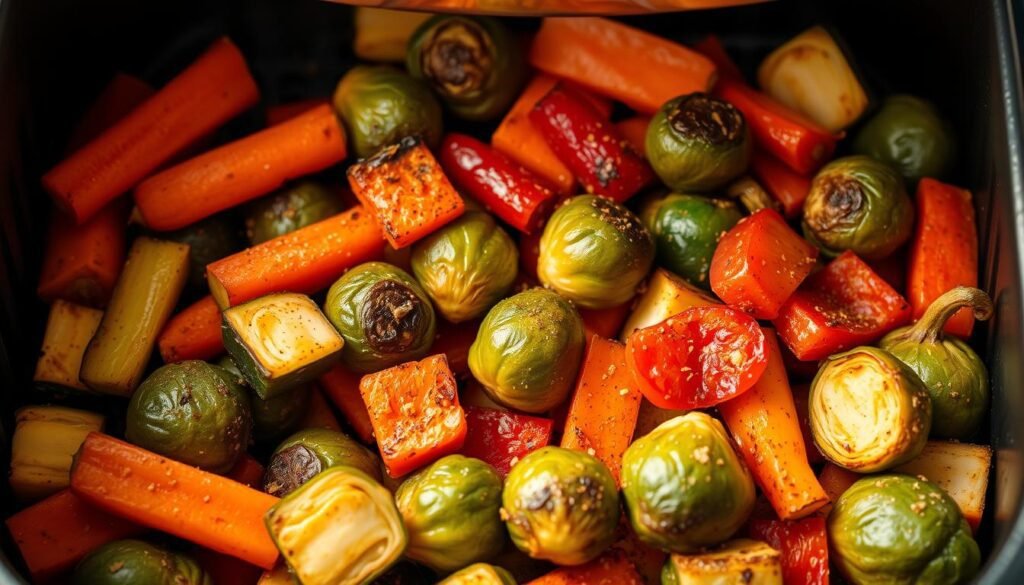 A vibrant assortment of fresh vegetables sizzle in a sleek air fryer, their colors dancing in the warm light. Carrots, zucchini, and bell peppers mingle with hearty Brussels sprouts, all dusted with a fragrant superfood seasoning blend. The air fryer's metallic finish gleams, casting a soft glow over the bountiful harvest. Crisp edges and caramelized surfaces promise a delightful textural contrast, while the composition creates a visually striking and appetizing display. The scene exudes a sense of nourishment and culinary craftsmanship, perfectly capturing the essence of a vegetable-forward air fryer creation.