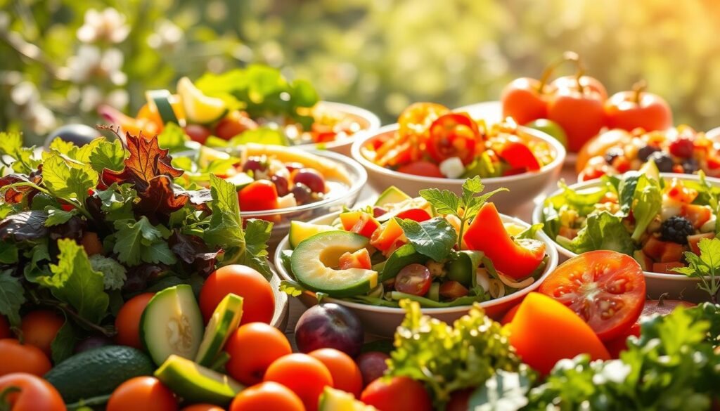A vibrant, beautifully-lit scene of an assortment of delectable vegan summer salads. In the foreground, a visually stunning array of fresh, colorful ingredients: leafy greens, juicy tomatoes, crisp cucumbers, creamy avocado, and vibrant bell peppers. The middle ground features expertly crafted salad bowls, each one a masterpiece of flavor and nutrition, dressed with a variety of light, tangy vinaigrettes. The background is a soft, sun-dappled setting, evoking the warmth and tranquility of a breezy summer day. The overall atmosphere is one of health, vitality, and pure, unadulterated deliciousness - a true celebration of the power of plant-based eating.