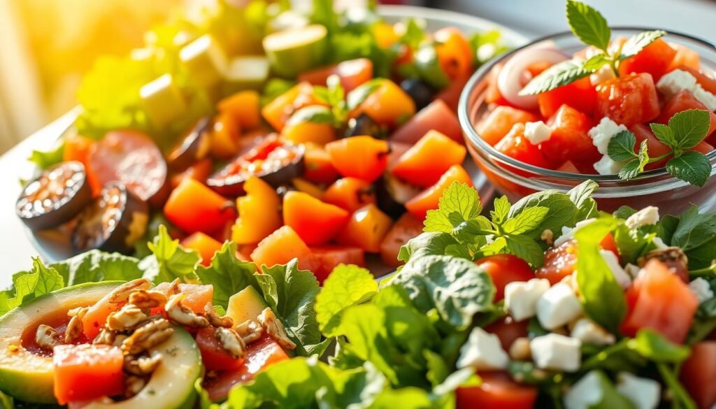 A vibrant display of fresh, heart-healthy summer salads, bathed in warm, golden sunlight. In the foreground, a crisp, leafy green salad with sliced avocado, juicy tomatoes, and a sprinkle of toasted nuts. In the middle ground, a colorful mix of roasted vegetables, such as bell peppers, zucchini, and onions, dressed in a tangy balsamic vinaigrette. In the background, a refreshing watermelon and feta salad, garnished with fragrant mint leaves. The arrangement is captured with a wide-angle lens, creating a sense of depth and abundance, conveying the nourishing and flavorful essence of these summertime salad delights. A vibrant display of fresh, heart-healthy summer salads, bathed in warm, golden sunlight. In the foreground, a crisp, leafy green salad with sliced avocado, juicy tomatoes, and a sprinkle of toasted nuts. In the middle ground, a colorful mix of roasted vegetables, such as bell peppers, zucchini, and onions, dressed in a tangy balsamic vinaigrette. In the background, a refreshing watermelon and feta salad, garnished with fragrant mint leaves. The arrangement is captured with a wide-angle lens, creating a sense of depth and abundance, conveying the nourishing and flavorful essence of these summertime salad delights.