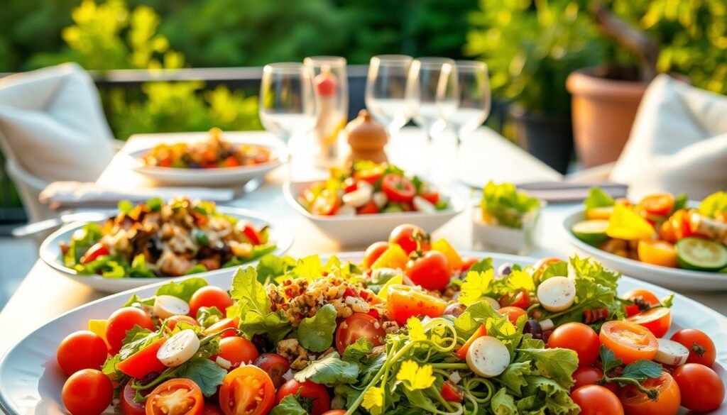 A vibrant display of international summer dinner salads, bathed in warm, golden-hour lighting. In the foreground, a variety of colorful, expertly-composed salads shine against a crisp, white serving platter - juicy tomatoes, crisp greens, and flavorful toppings from around the world. In the middle ground, a table setting with linen napkins, polished silverware, and delicate glassware sets the stage for an elegant, al fresco dining experience. The background hints at a lush, verdant garden or terrace, creating a serene, naturalistic atmosphere. The overall scene evokes a sense of global culinary celebration, perfect for showcasing a diverse array of summer dinner salad recipes. A vibrant display of international summer dinner salads, bathed in warm, golden-hour lighting. In the foreground, a variety of colorful, expertly-composed salads shine against a crisp, white serving platter - juicy tomatoes, crisp greens, and flavorful toppings from around the world. In the middle ground, a table setting with linen napkins, polished silverware, and delicate glassware sets the stage for an elegant, al fresco dining experience. The background hints at a lush, verdant garden or terrace, creating a serene, naturalistic atmosphere. The overall scene evokes a sense of global culinary celebration, perfect for showcasing a diverse array of summer dinner salad recipes.