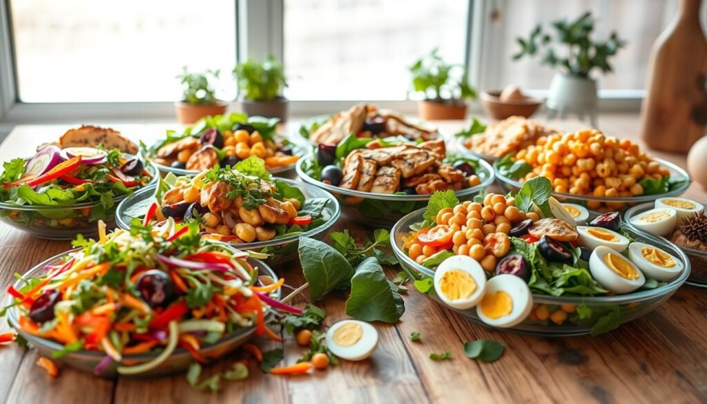 A vibrant display of visually appealing and dietary-inclusive salads arranged on a wooden table, bathed in soft natural lighting. In the foreground, a variety of colorful, crisp vegetables and leafy greens tossed together, creating a visually stunning composition. The middle ground features an assortment of protein-rich elements, such as grilled chicken, roasted chickpeas, and hard-boiled eggs, ensuring a balanced and satisfying meal. The background showcases a minimalist, rustic setting, with wooden accents and potted herbs, evoking a sense of freshness and wholesomeness. The overall scene exudes a welcoming, summer-inspired atmosphere, perfect for a crowd-pleasing salad spread.
