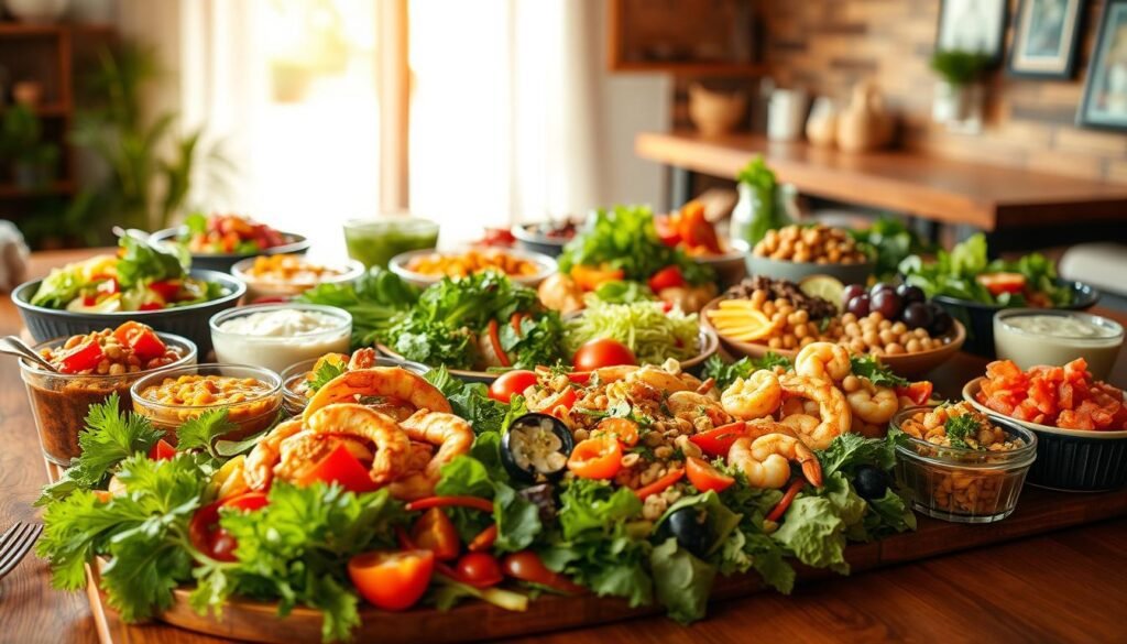 A vibrant, diverse array of international salad recipes, artfully arranged on a large wooden table. In the foreground, an assortment of fresh greens, colorful vegetables, and protein-rich ingredients like grilled chicken, shrimp, and chickpeas. The middle ground features various salad dressings, garnishes, and toppings, creating a visually appealing and mouthwatering scene. In the background, a soft, warm lighting casts a natural glow, highlighting the textures and colors of the ingredients. The overall composition conveys a sense of global culinary exploration, perfect for a crowd-pleasing summer gathering.