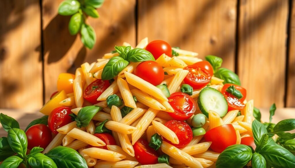 A vibrant, fresh vegetable pasta salad showcased against a rustic wooden backdrop. The salad features al dente penne pasta, crisp bell peppers, juicy cherry tomatoes, crunchy cucumbers, and fragrant basil leaves, dressed in a light, tangy vinaigrette. Dappled sunlight filters through the scene, casting a warm, summery glow. The composition is balanced, with the salad taking center stage, surrounded by a simple, uncluttered setting that allows the vibrant colors and textures to shine. The overall mood is one of wholesome, garden-fresh goodness, perfectly capturing the essence of a light, vegetable-forward pasta salad ideal for a summer gathering. A vibrant, fresh vegetable pasta salad showcased against a rustic wooden backdrop. The salad features al dente penne pasta, crisp bell peppers, juicy cherry tomatoes, crunchy cucumbers, and fragrant basil leaves, dressed in a light, tangy vinaigrette. Dappled sunlight filters through the scene, casting a warm, summery glow. The composition is balanced, with the salad taking center stage, surrounded by a simple, uncluttered setting that allows the vibrant colors and textures to shine. The overall mood is one of wholesome, garden-fresh goodness, perfectly capturing the essence of a light, vegetable-forward pasta salad ideal for a summer gathering.