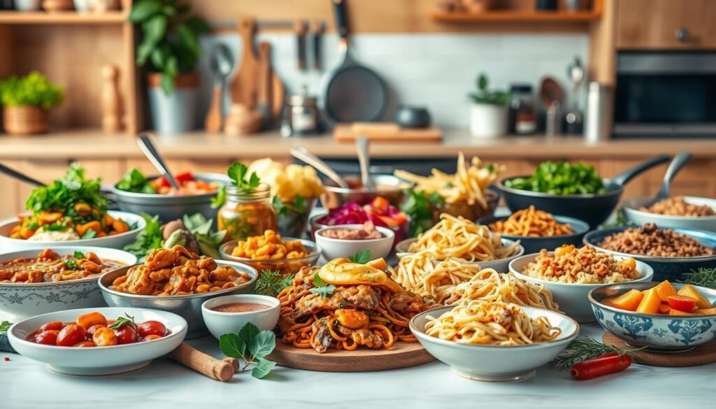 A vibrant, global culinary spread showcasing a diverse array of easy-to-prepare international dishes. In the foreground, a visually appealing arrangement of freshly prepared foods including savory curries, stir-fried noodles, fresh salads, and comforting pasta dishes. The middle ground features various cooking utensils, spices, and herbs that evoke the flavors of world cuisines. In the background, a softly blurred, warm-toned kitchen setting with wooden accents, conveying a homely, relaxed atmosphere. The lighting is soft and natural, highlighting the vibrant colors and textures of the dishes. The overall composition exudes a sense of accessibility and simplicity, inviting the viewer to explore the delightful flavors of global home-cooked meals.